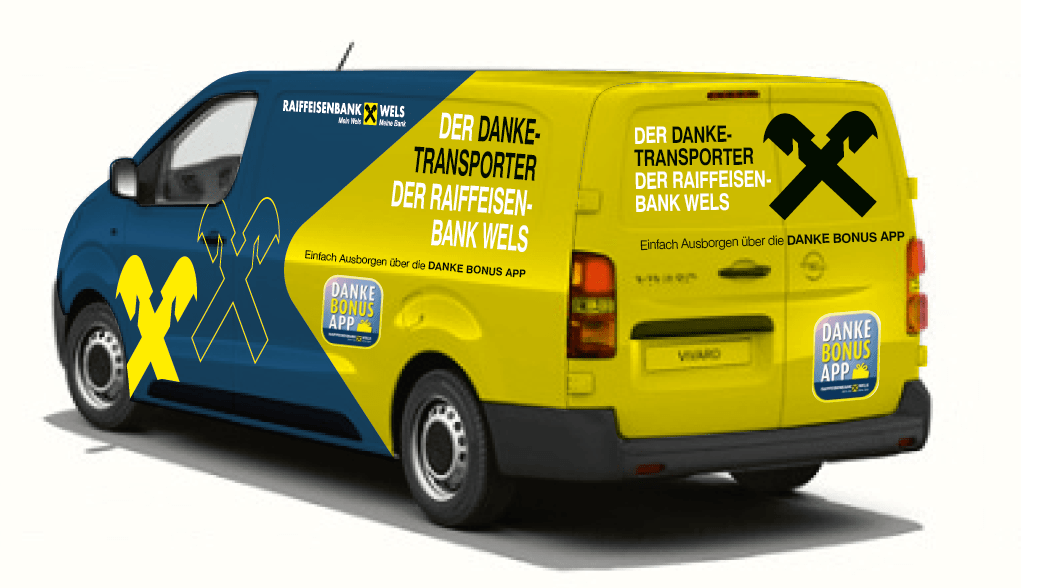 Rückseite des DankeTransporter der Raiffeisen Bank Wels
