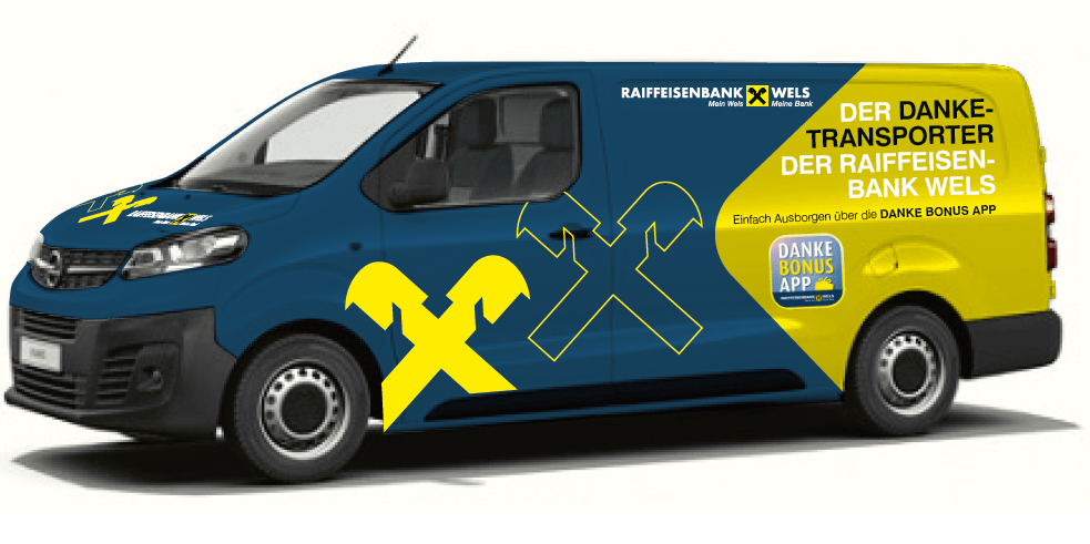 Frontansicht des DankeTransporter der Raiffeisen Bank Wels